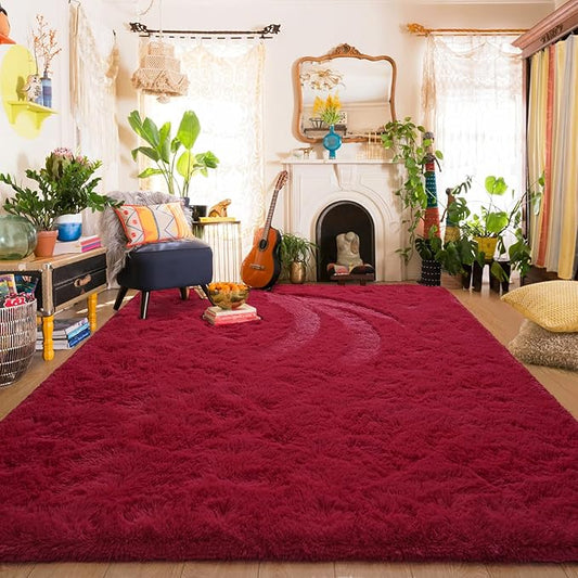 Amearea Shag Fluffy Area Rug for Bedroom Girls Living Room, Extra Soft and Fuzzy Shaggy Rugs, Non Slip, Solid Color Carpet Mat for Boys Nursery Home, Wine Red 6x9 Feet