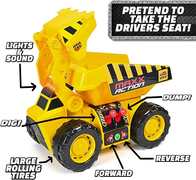 Maxx Action 19'’ 2-N-1 Motorized Dig Rig – Excavator and Dump Truck Toy with Joystick Control for Toddlers | Gift for Kids 3+ | Lights, Sounds & Interactive Construction Vehicle, Batteries Included