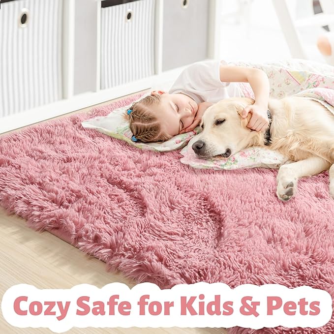 Amdrebio Blush Pink Kids Area Rugs for Girls Bedroom, 5x8 Shaggy Fuzzy Fluffy Kawaii Rugs for Living Room Playroom, Furry Plush Shag Floor Carpet for Nursery Dorm Classroom, Cute Dusty Rose Mauve Rug