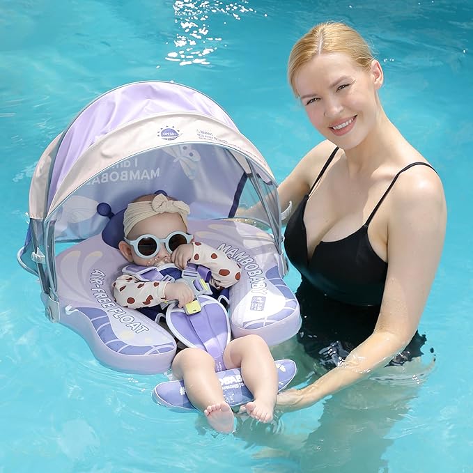 Mambobaby Float Add Tail Baby Swim Float with Canopy Solid Pool Infant Swim Trainer Swimming Training Lying Air Free Water Floats Non-Inflatable Waist Swim Ring for Toddlers (Butterfly-Purple)