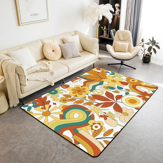 70S Groovy Hippie Flower Area Rug Girls Boho Rainbow Leaves Mushroom Pumpkin Flowers Carpet 5x7,Vintage Wavy Floral Decorative Rug Aesthetic Psychedelic Funky Non Slip Rug for Bedside