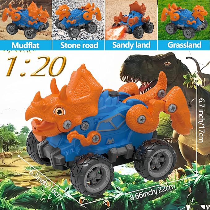 Remote Control Dinosaur Car, Monster Truck 2 Shapes Dino Replacement with Spray Mist Lights, Build a STEM Remote Control Monster Truck Car Building Toy Gifts
