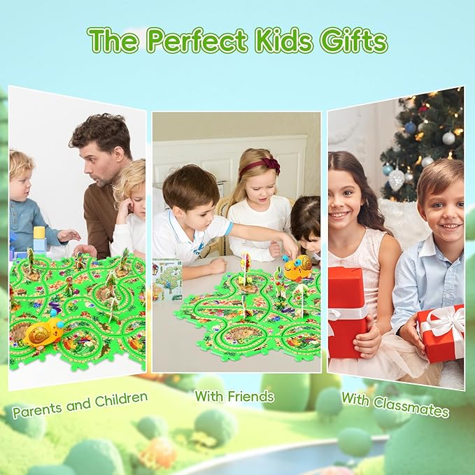 10Pcs Puzzle Racer Kids Car Track Set for Toddlers Boys, Race Tracks for Kids Ages 3-8, Puzzle Track Car Play Set, Educational Puzzles Cars Toys for 3 4 5 6 Year Old Boys (Snail)