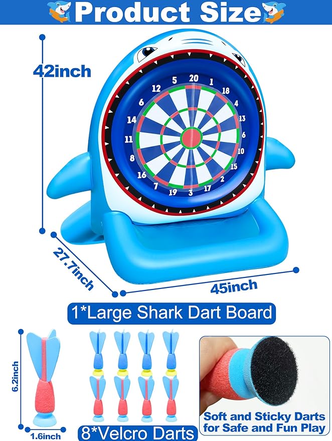 45" Large Inflatable Pool Toys Shark Dart Board with 8 Sticky Darts, Swimming Pool Floats Water Games for Kids Adults Family Summer Beach Yard Outdoor Play Cool Party Gift for Boys Girls 6-12 Years