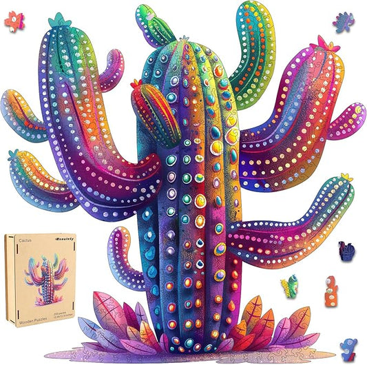 Wooden Jigsaw Puzzles - Cactus Succulent Plants, 200 Piece Luxurious Shaped Wooden Puzzles for Adults and Kids, Family Game, Medium 11.2 * 11.2in