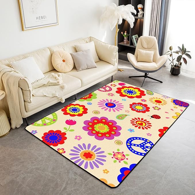 Kids Colorful Flowers Cute Area Rug 3x5 Hippie Peace Symbol Rug for Girls Kawaii Groovy Floral Power Carpet Cartoon Garden Botanical Ladybug Non Slip Decorative Rug for Living Room