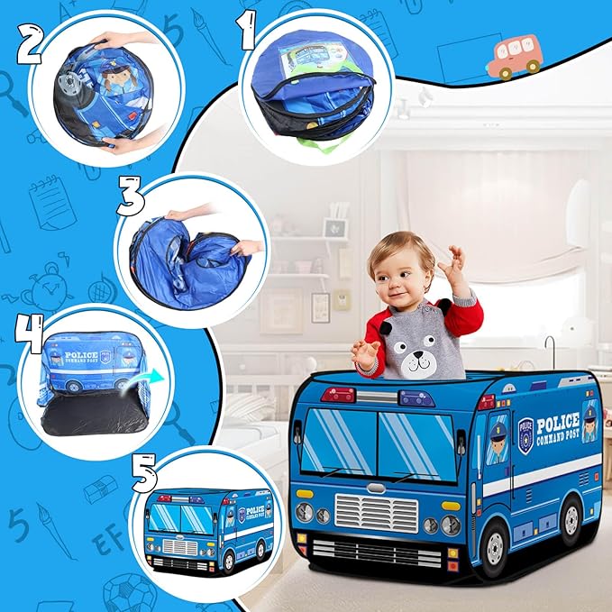 Pop up Play Tent for Kids Aged 1-3 Years Old Boys and Girls : Police Car Playhouse Toy Play Tents for Toddlers 3-5 Kids Tent Indoor Outdoor Playhouse Toys for 1 + Year Old, Police Car