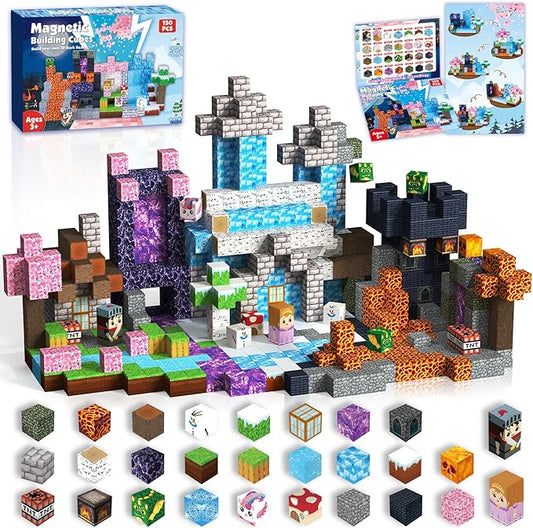 Magnetic Blocks-150PCS Magnetic Building Blocks Magnet Cubes Stacking Dark Forest Glacier Castle, STEM Montessori Sensory Toys for Kids Boys Girls Ages 4-8 Holiday Birthday Easter Gifts