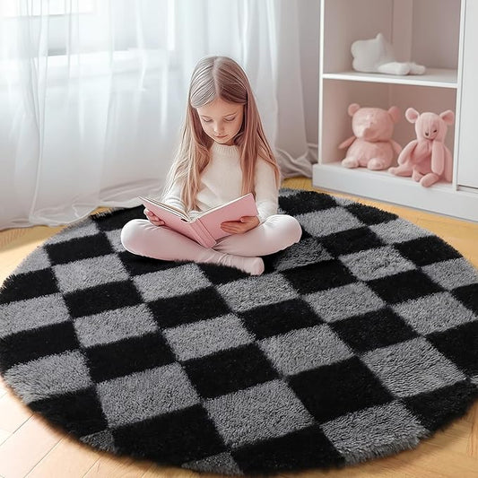 KICMOR Round Rug 4ft for Bedroom, Soft Fluffy Circle Area Rug Cute Fuzzy Shag Shaggy Small Living Room Carpet, Black and Grey Plush Checkered Circular Rug for Kids Room Nursery Home Decor Aesthetic