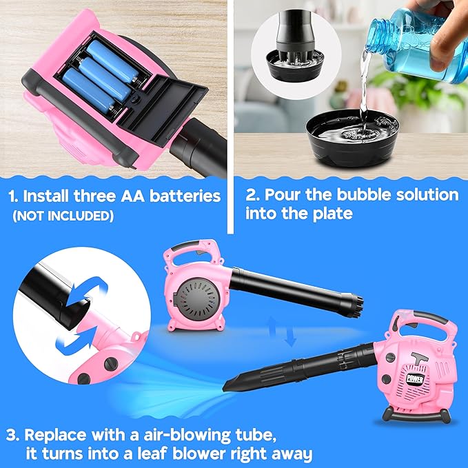 Bubble Leaf Blower for Toddlers - Upgrade Pink Kids Bubble Machine with Gardening Tool Set, 2 in 1 with Extra Bubble Blower Kit Outdoor Play Toys, Birthday Party Gifts for Boys Girls Age 3 4 5+ Years