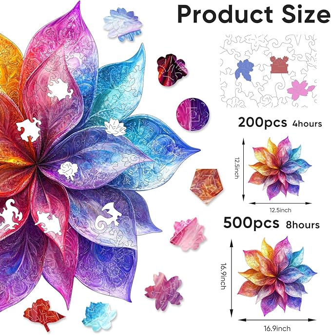 Colorful Flower 500 Pieces Wooden Jigsaw Puzzles for Adults with Unique Irregular Shape Fun Challenging Puzzles for Kids and Couples on Birthday, Father's Day, Christmas 17.3"*17.3"