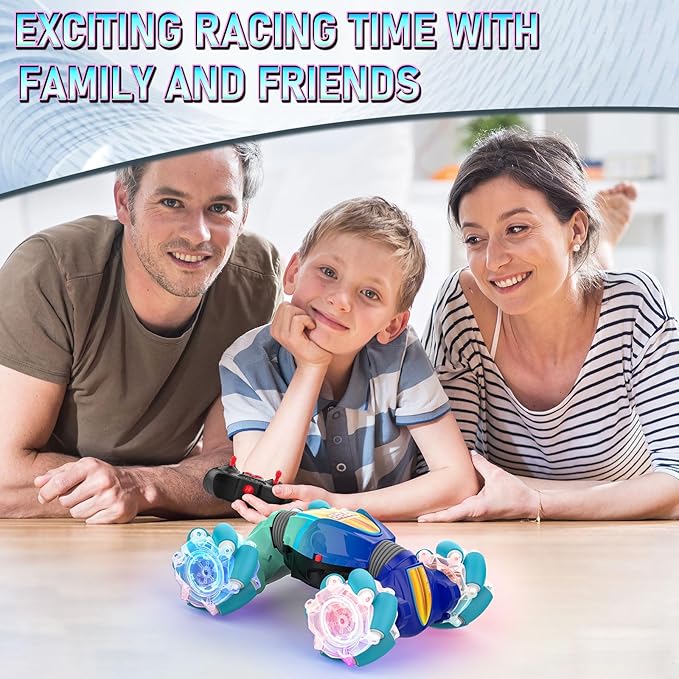 Remote Control Car, Gesture Sensor RC Stunt Cars Toys for Boys Girls Age 6 7 8 9 10 11 12+ Years Old, 2.4GHz 4WD 360° Flips Off Road RC Vehicle Toy with Lights/Music, Best Gifts for Kids, Blue