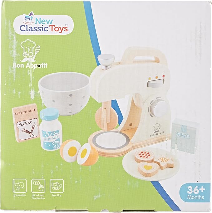 New Classic Toys Wooden Mixer Set Pretend Play Toy for Kids Cooking Simulation Educational Toys and Color Perception Toy for Preschool Age Toddlers Boys Girls , Red,White