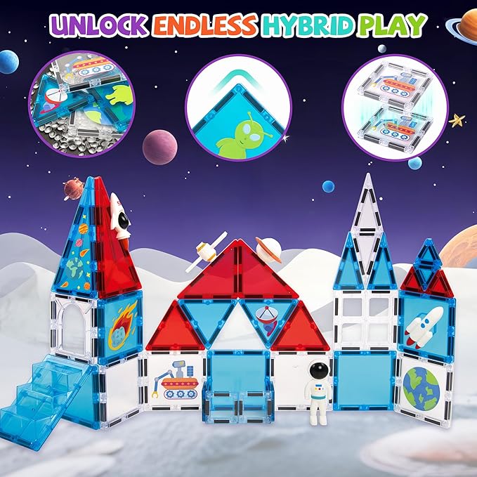 cossy Magnetic Tiles Space Set, Magnetiles with Astronaut, Magnetic Tiles for Kids Ages 4-8, STEM Toys, Magnet Blocks for Boys and Girls, Creative Building Toys, Space