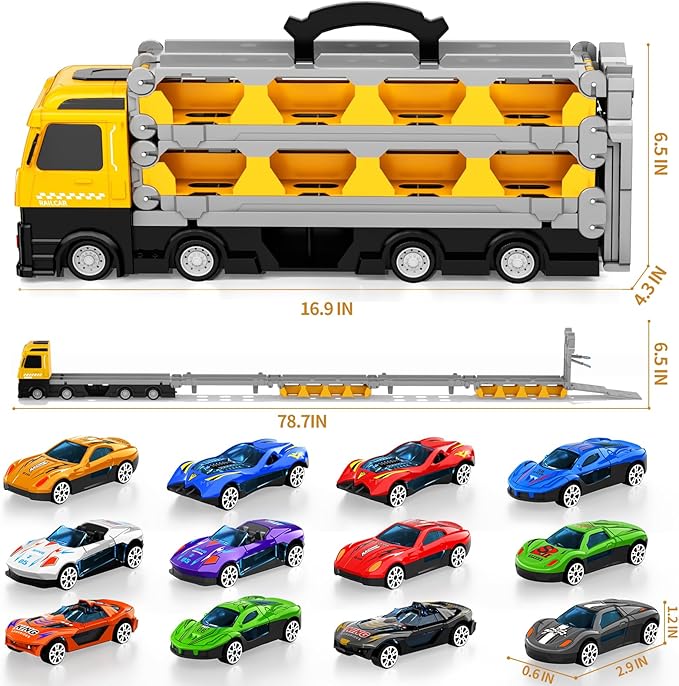 Racing Car Railway Truck Toy for Boys 2 3 4 5 6 7 Years Old - 78.7-inch Transport Carrier Trucks, Foldable Railway Storage, die-cast Car, for Toddlers and Kids Aged 3-5