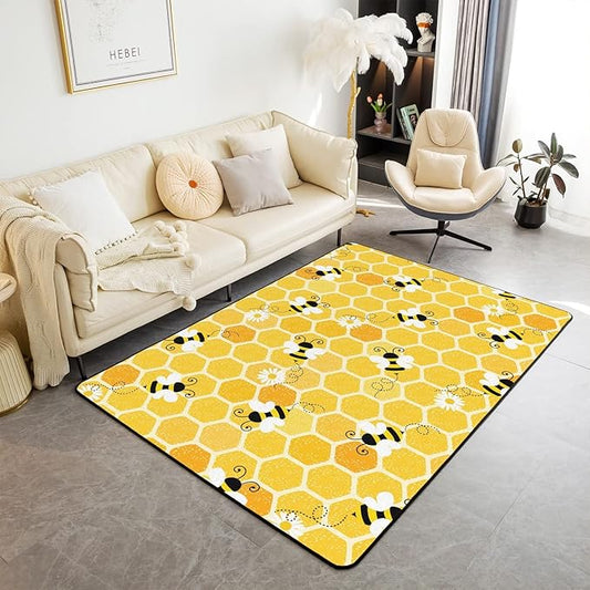 Erosebridal Bee Area Rug 3x5, Honeycomb Rug for Kids Boys Girls, Flying Wildlife Flowers Geometric Carpet for Bedside, Hexagon Beehive Farmhouse Floral Simplistic Geometry Non Slip Decorative Rug
