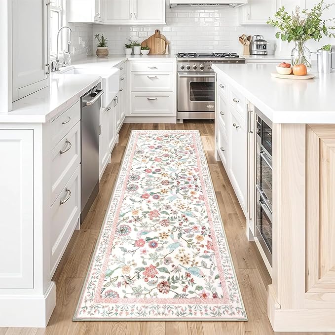 Floral Washable Runner Rug, 2x6 Pink Rug Runners for Hallways Non-Slip, Soft Low Pile Flower Birds Bathroom Runner Rug Botanical Throw Carpet for Kitchen Laundry Entryway Porch