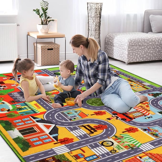 Car Rug for Kids, Car Play Mat Carpet, Extra Non-Slip Traffic Road Rug for Kids, City Map Educational Mat for Playroom Boys Bedroom Classroom (110X78.7 INCH, Four Season)