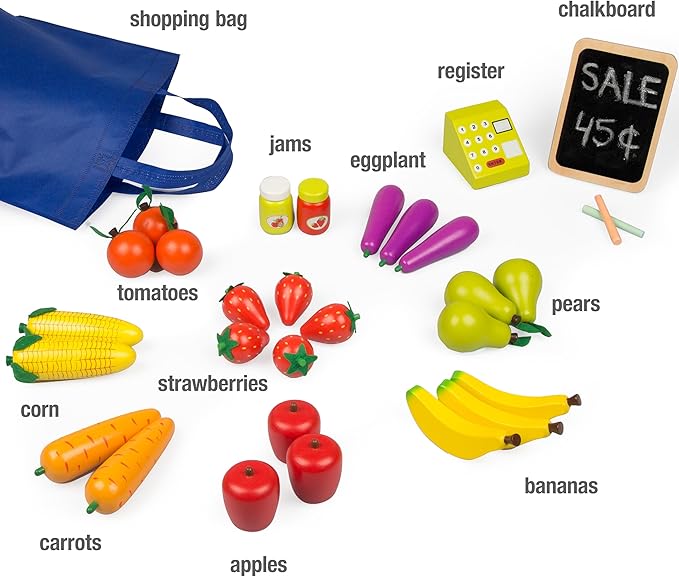 Wooden Farmers Market Stand Toy- 30+ Food PCs Include Fruit Veggies Chalkboard & Cash Register- Pretend Role Play, Fun Indoor Natural Wood Grocery Set- Playroom Daycare Activity Center- Kids Gift