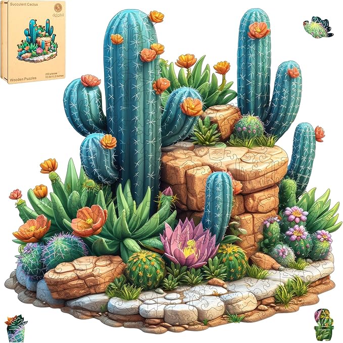 Succulent Cactus Wooden Puzzles for Adults, 500 Pieces Jigsaw Puzzles, Unique Shaped Medium Size Liberty Wood Puzzle Gift for Adults and Kids, Family Game 16.7'' x 16.2''