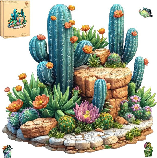 Succulent Cactus Wooden Puzzles for Adults, 500 Pieces Jigsaw Puzzles, Unique Shaped Medium Size Liberty Wood Puzzle Gift for Adults and Kids, Family Game 16.7'' x 16.2''