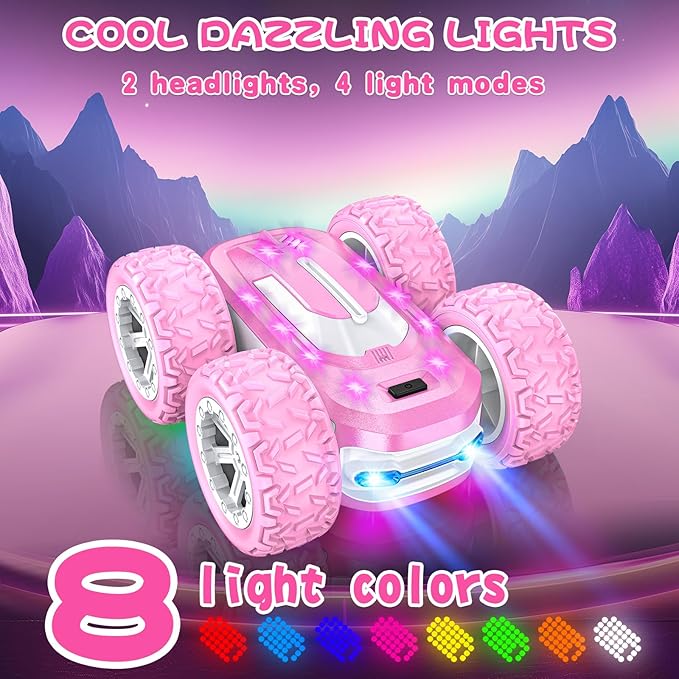 Pink Remote Control Car for Girls, RC Cars for Kids with DIY Sticker & Colorful Lights, 2.4Ghz Double Sided 360° Flips 4WD Stunt Car, Rechargeable Toy Cars for Girl Ages 4-6 5-7 6-8 8-12 Birthday Gift