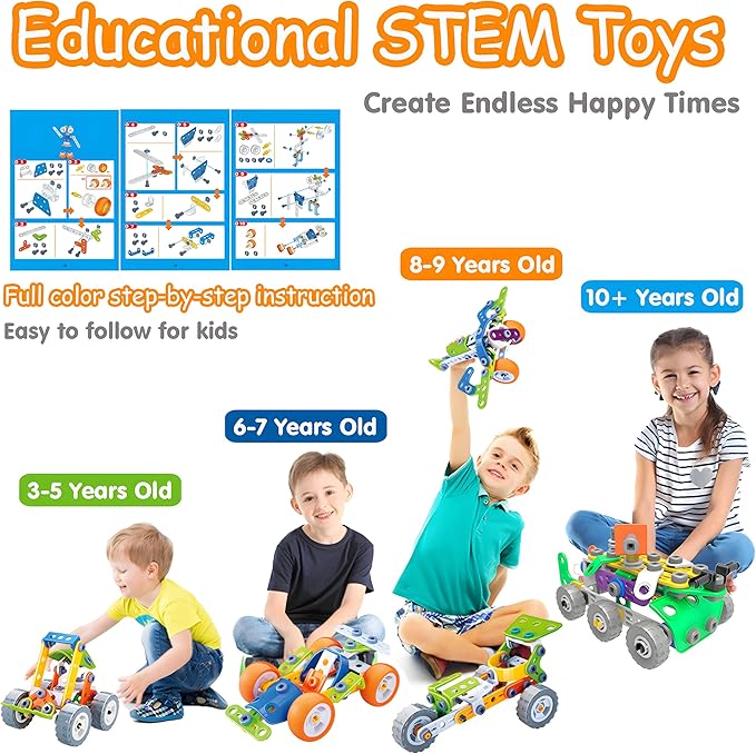 MOONTOY 11 in 1 Stem Building Toys for Kids Ages 4-8 STEM Toys for 4 5 6 7 8+ Year Old Boy Birthday Gift Idea, 175 Pcs Educational Construction Toy for Boys 5-7 4-6 6-8 Erector Set Blocks Game