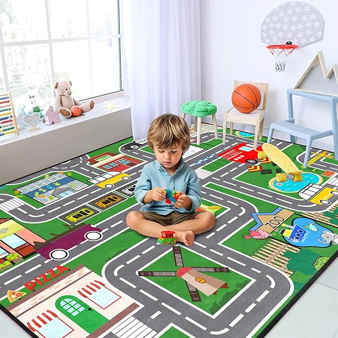 Car Rugs for Kids Toy - Car Track Carpet for Boys Road Rug for Bedroom Road Map Carpet for Kids Toy Play Mat Farm, 3x5 Feet