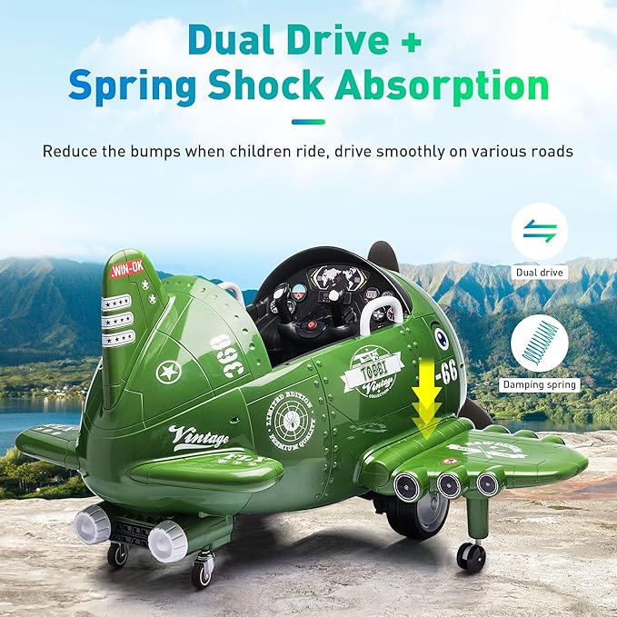 Electric Car for Kids Ride On Airplane Toy TOBBI Battery Powered 12V Kids' Electric Vehicle Rideable Airplane with Remote Control/Bombing Sound -Army Green