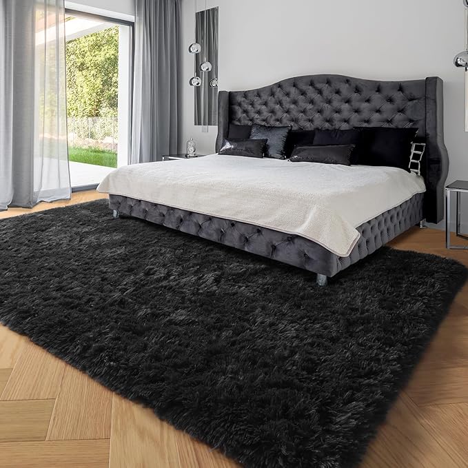 PAGISOFE Fluffy Shaggy Black Area Rug 8x10 Feet, Plush Rugs for Living Room Bedroom, Soft Rug for Nursery, Furry Rugs for Girls Boys Kids Room, Extra Large Fuzzy Rug, Shag Carpet, Black