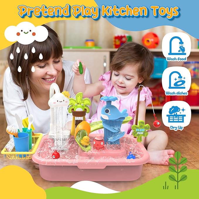 Play Sink with Running Water, 4-IN-1 Kids Kitchen Sink Toys with Electric Faucet, Water Table Floating Pool Toy w/ Fishing Game, Duck Slide, Pretend Play Dishwasher Set for Toddler Boys Girls (Pink)