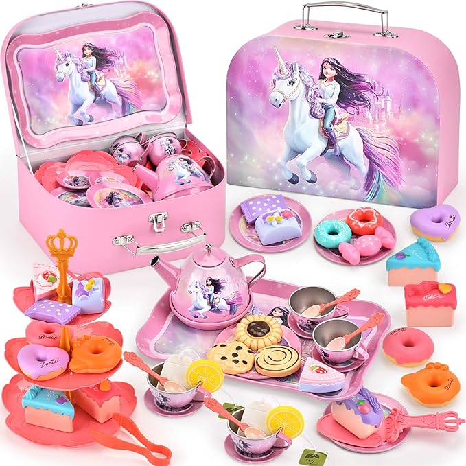 Toddlers Unicorn Tea Party Set for Little Girls, Pretend Tin Teapot Set, Princess Tea Time Play Kitchen Toy with Dessert, Doughnut, Carrying Case for Birthday Easter Gifts Age 3 4 5 6