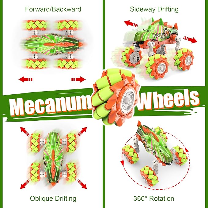 1:14 Rc Cars for Boys Age 8-12, 360° Rotating Crawler 4WD 2.4GHz Rc Stunt Drift Car DIY 100+ Poses with 4 Mecanum Wheel and LED Light Kids Toys Adults