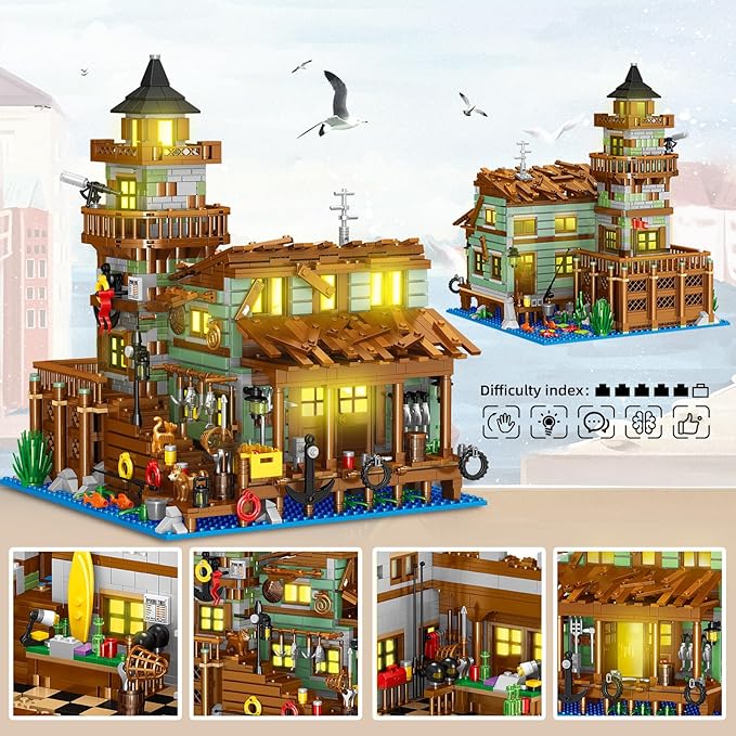 Fishing Village Store House Building Set with LED Light, 1881 PCS Wood Cabin Mini Building Block, STEM Architecture Toys Kit, Birthday Gift for Adults Ages 8-12+ Years（Not Compatible with Set ）