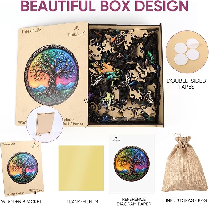 Tree of Life Puzzles for Adults,200 Pieces Wooden Jigsaw Puzzles for Adults and Kids,Extra Thick 5MM,Unique Irregular Shape Tree Puzzles,Family Game Birthday Gifts,11.2x11.2Inches