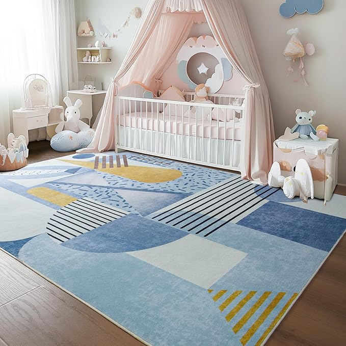 Tepook Blue Area Rug for Living Room, 4x6 Indoor Carpet for Bedroom Washable, Non-Slip Abstract Print Kids Rug for Nursery Playroom Classroom Dorm Office Dining Room