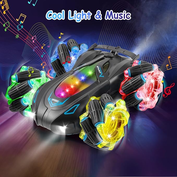 RC Cars Gesture Sensing Stunt Car, 360° Rotating Remote Control Car with Cool Light and Music, Spray Drift Hand Controlled Car, 2.4Ghz Rechargeable RC Car, Best Birthday Gifts for Boys 6-12 (Blue)