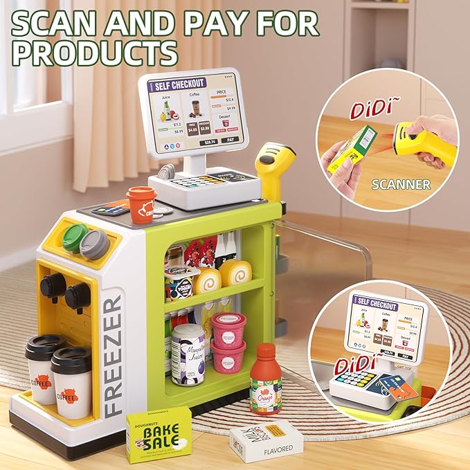 48-Piece Pretend Play Cash Register Toy Set with Water Outlet Function - Calculator, Shopping Bag, Scanners, Credit Cards, Coffee Machine, Play Food - Gift for Boys and Girls Ages 3+ (Green)