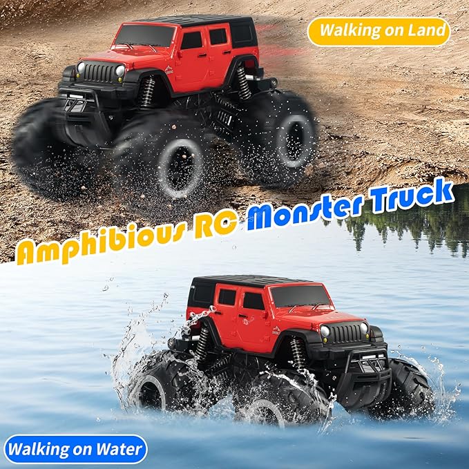 Carox Remote Control Amphibious Car Toys for Boys 360°Spin Off-Road RC Truck for All Terrain - 1:16 IPX7 Waterproof RC Monster Truck Pool Toys Birthday Gifts for Kids