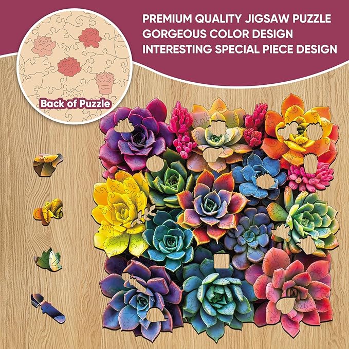 Puzzles for Adults 500 Pieces, Square Succulent Wooden Puzzles, 5MM Thick Unique Shaped Flower Jigsaw Puzzles Birthday Gifts for Kids Family Game 16.5 * 16.5inch