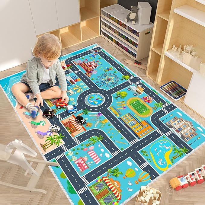 Kids Carpet Playmat Car Rug, Car Rug for Kids Toy Cars and Train, Non Slip Play Mat for Playroom Kids Room, City Life Educational Road Traffic Carpet for Classroom Nursery(Light Blue,47×71in)