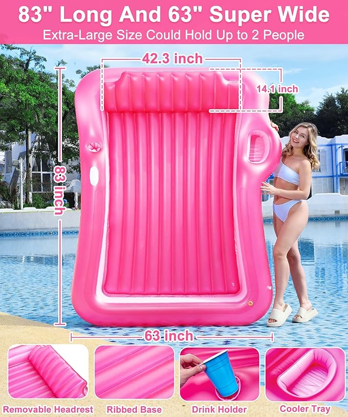 Inflatable Tanning Pool Lounger Float with Sprinkler, 83" x 63" Extra Large Pool Floats Adult with Pillow Cooler Tray, 6 in 1 Suntan Tub Raft Floatie Sunbathing Bed Water Summer Backyard Fun XL-Pink