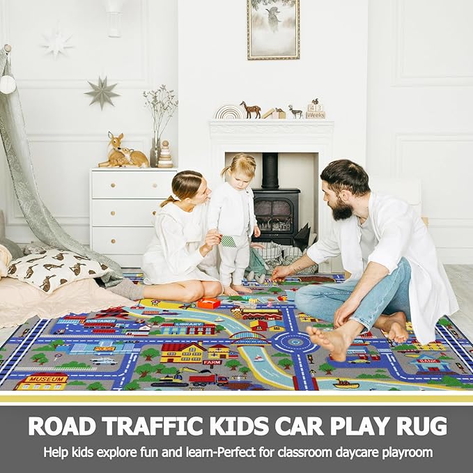 Capslpad Kids Rug 6'6" x 5'0" Educational Learning Kid Play Area Rug Large Traffic Road Cars Rug Play Mat for Kids Toy Nursery Car Carpet for Playroom Living Room Classroom Decor, Blue