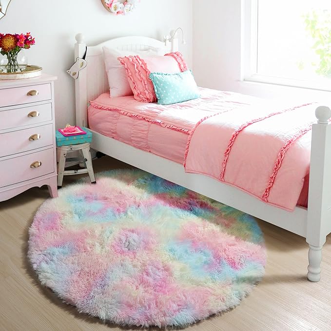 ONASAR Rainbow Round Area Rugs 5ft, Soft Bedroom Circle Rug Mats for Kids Girls Teen Room, Kawaii Fluffy Plush Shaggy Carpet for Dorm Nursery Living Room Playroom Home Decor Princess Castle
