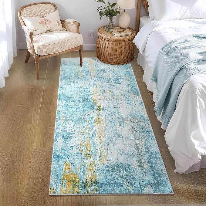 Runner Rug for Kitchen Teal Blue Hallways Runner Rug Non Slip 2'6''x8' Washable Long Runner Rugs with Rubber Backing Soft Abstract Carpet Runner for Entryway, Kitchen, Bedroom, Bathroom
