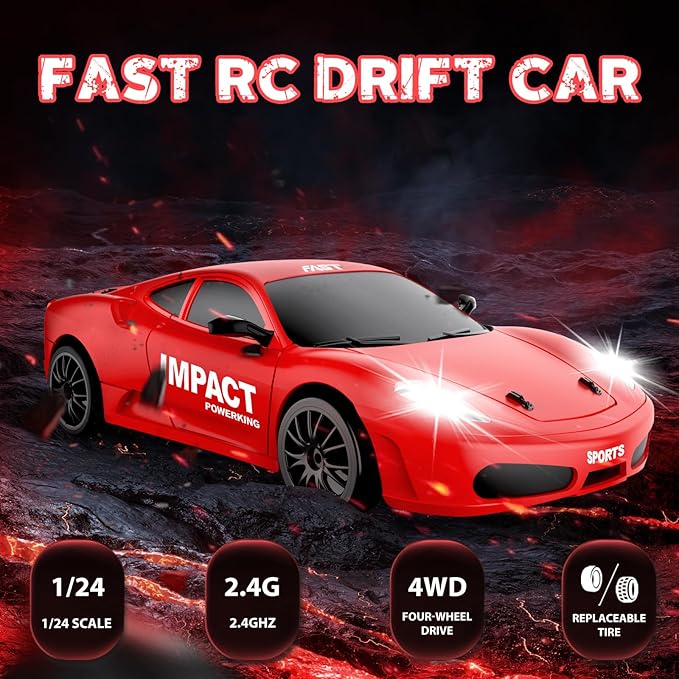 RC Drift Car, 2.4ghz 1/24 High Speed Remote Control Car RC Cars Drifting RC Car Racing Car Model Vehicle, 4WD Racing Car Toy Car with LED Lights for Boys Girls Adults (Red)