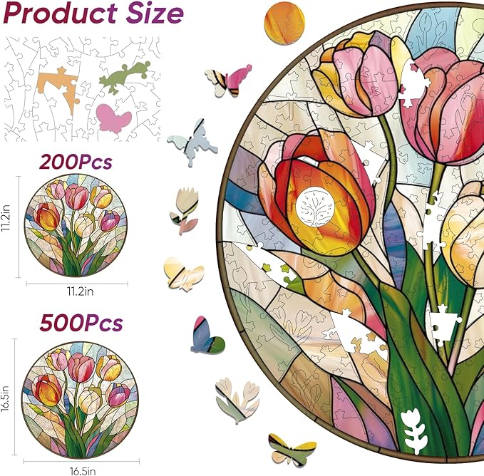 Puzzles for Adults, Tulip Wooden Puzzles 200 Pieces, 5MM Thick Unique Shaped Flower Plant Jigsaw Puzzles Birthday Gifts for Kids Family Game 11.2 * 11.2inch