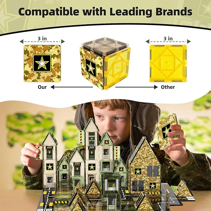 GobiDex 100PCS Army Magnetic Tiles Building Toys for 3+ Years Old Boys, Military Magnetic Blocks STEM Sensory Birthday Gifts for Army Men Playset, Upgraded Stacking Magnets for Kids