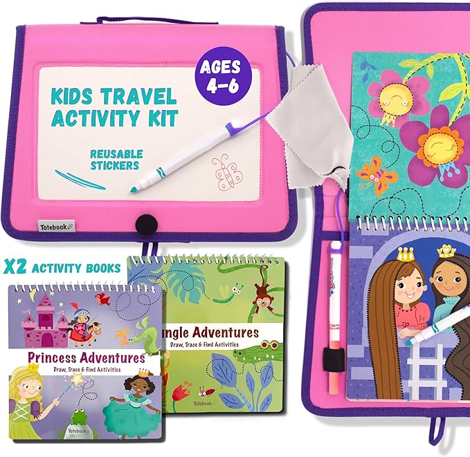 Kids Travel Educational Activity Book with Washable Markers - Car and Airplane Activities, Learning Toys for Toddlers- Reusable Stickers for Ages 4, 5, 6 (Princess & Extra Jungle Book)