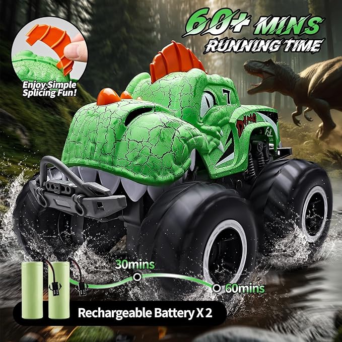 Amphibious Monster Truck Toys, 1:20 Waterproof Dinosaur Monster Trucks for Boys Age 4-7, 2.4GHz All Terrain RC Cars with 2 Batteries, 360° Rotating Stunt RC Car Toy Birthday Gift for Kids 3-5